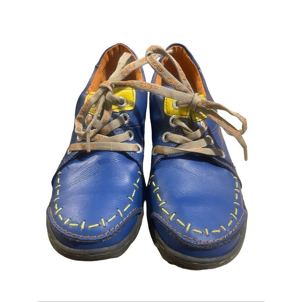 TMA Eyes Womens Blue Yellow Stitching Leather Lace Up Sneakers Shoes Size 9.5